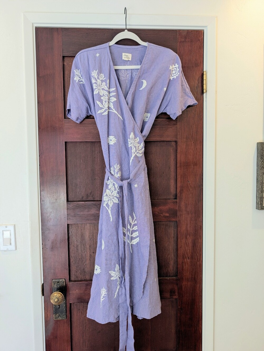 XS/S Wisteria Sister Nettle Linen Wrap Dress w/Pockets Flowers Stars Moons